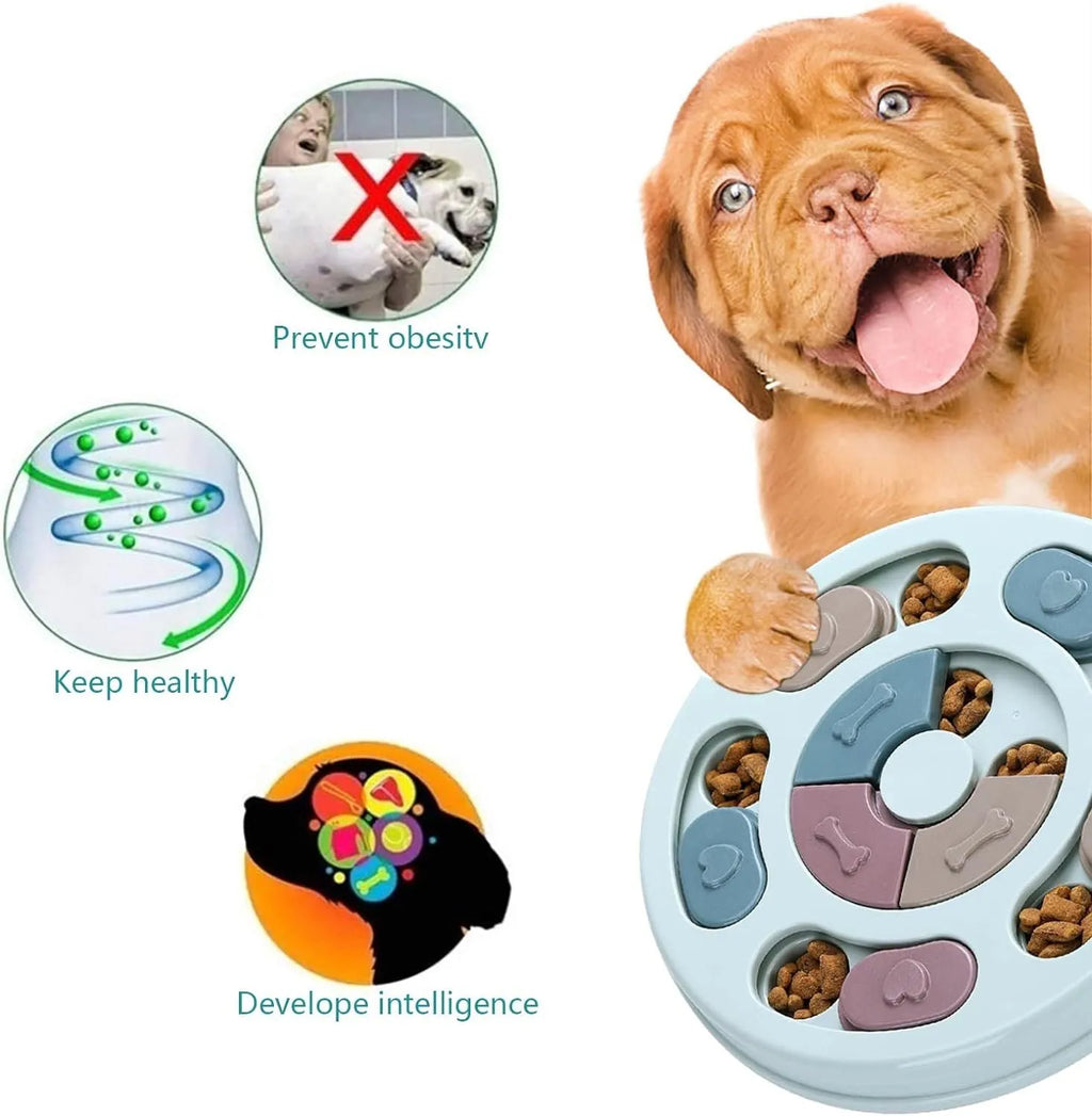 Blue dog puzzle toy slow feeder with sliding parts on floor