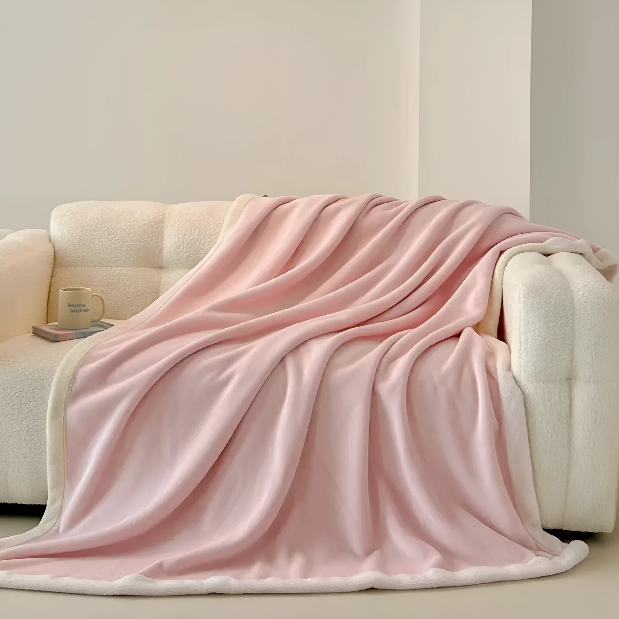 Soft flannel blanket solid colour light luxury style pink size 150x200 cm on bed