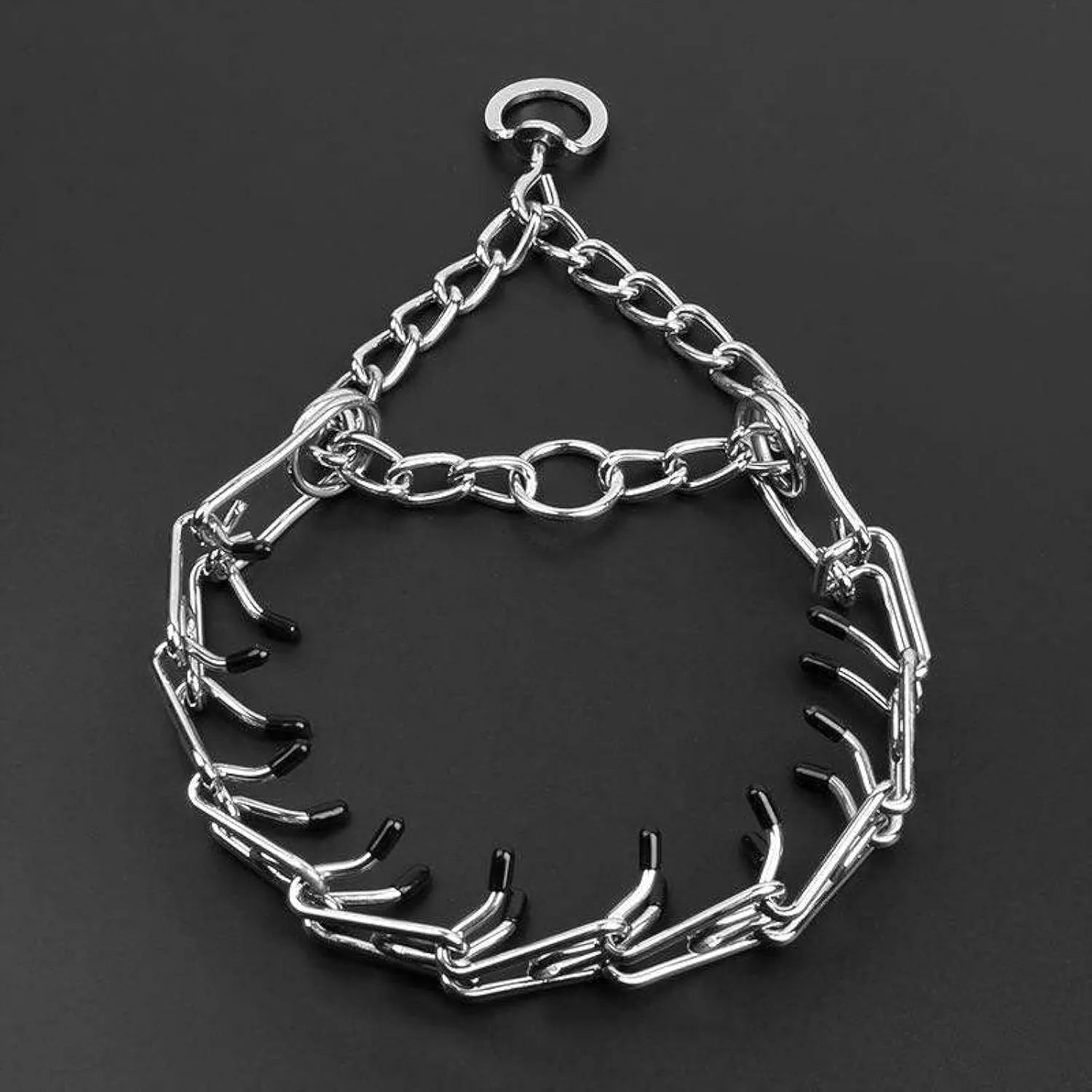 Stainless steel dog prong training collar with round head links and rubber tips in adjustable sizes