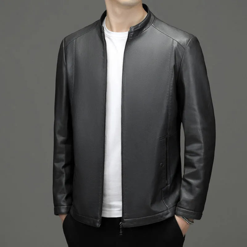 Men's genuine sheepskin leather jacket in black with fleece polyester lining, front view