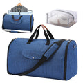 Folding dark blue Oxford cloth duffel bag with 36-55 litre capacity for travel and gym use.