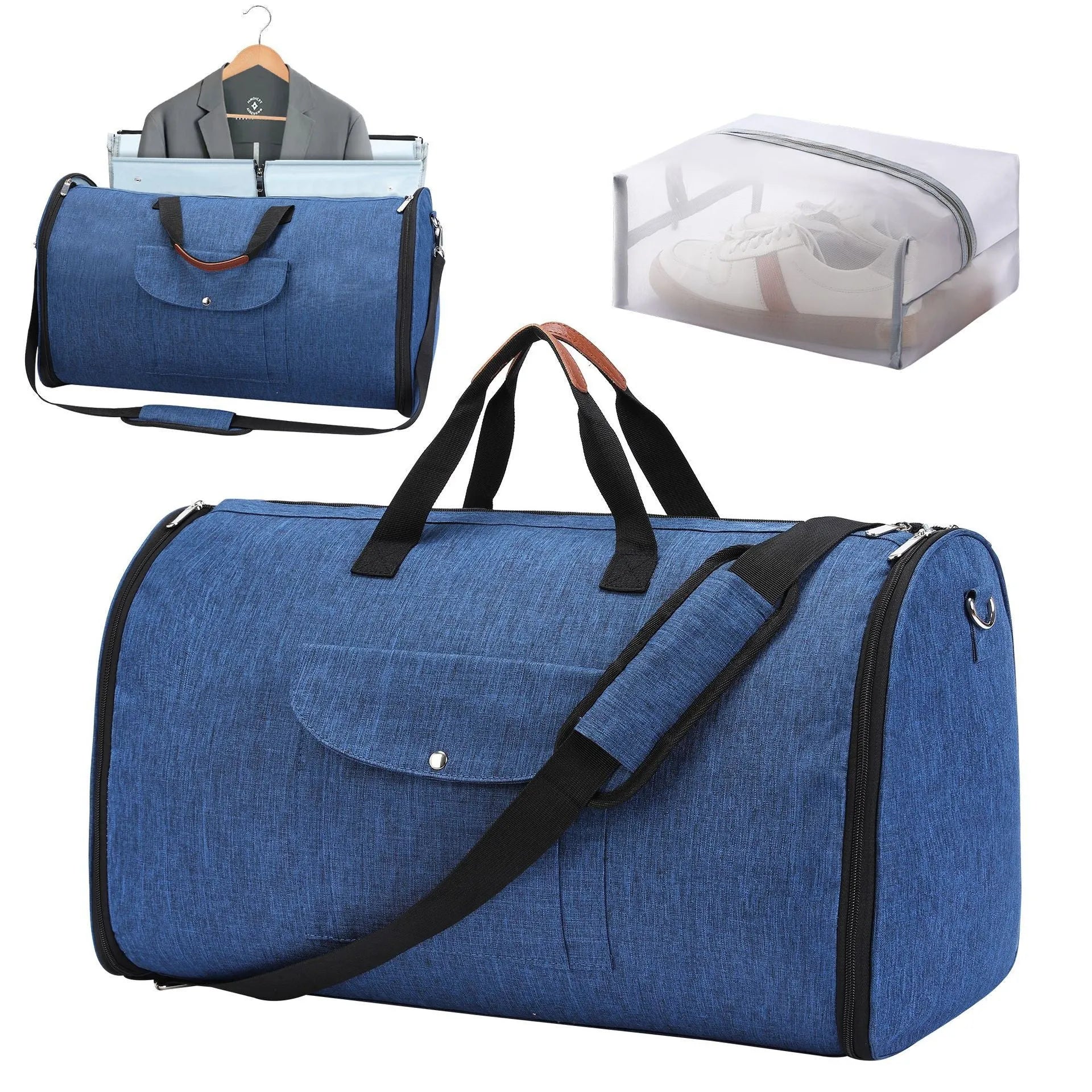 Folding dark blue Oxford cloth duffel bag with 36-55 litre capacity for travel and gym use.