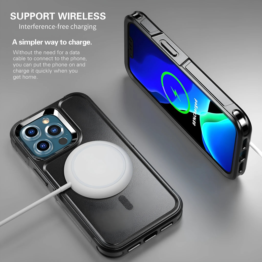 Black shatterproof magnetic back cover phone case for Apple iPhone 12 and iPhone 13 models.