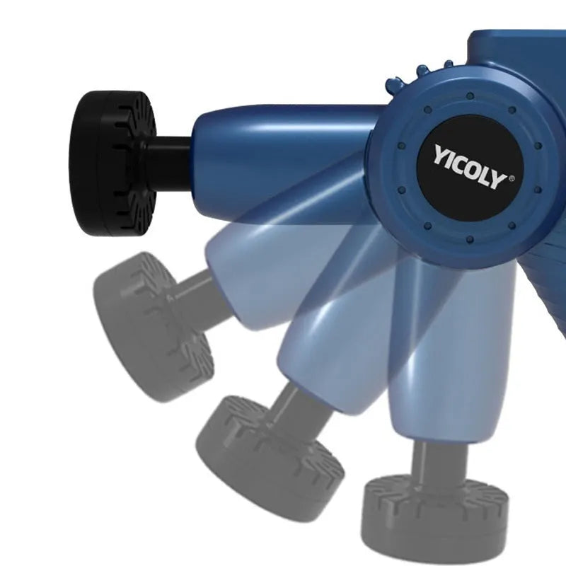 Black intelligent muscle massage gun with multiple attachment heads on a grey background