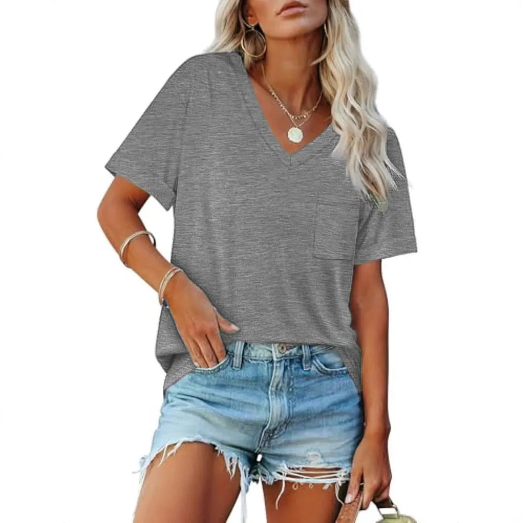 Grey loose fit V-neck T-shirt with a front chest pocket on a hanger.