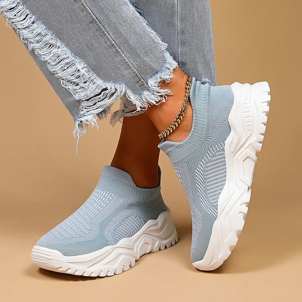 Light blue women's mesh slip-on casual shoes with rounded toe and mid heel