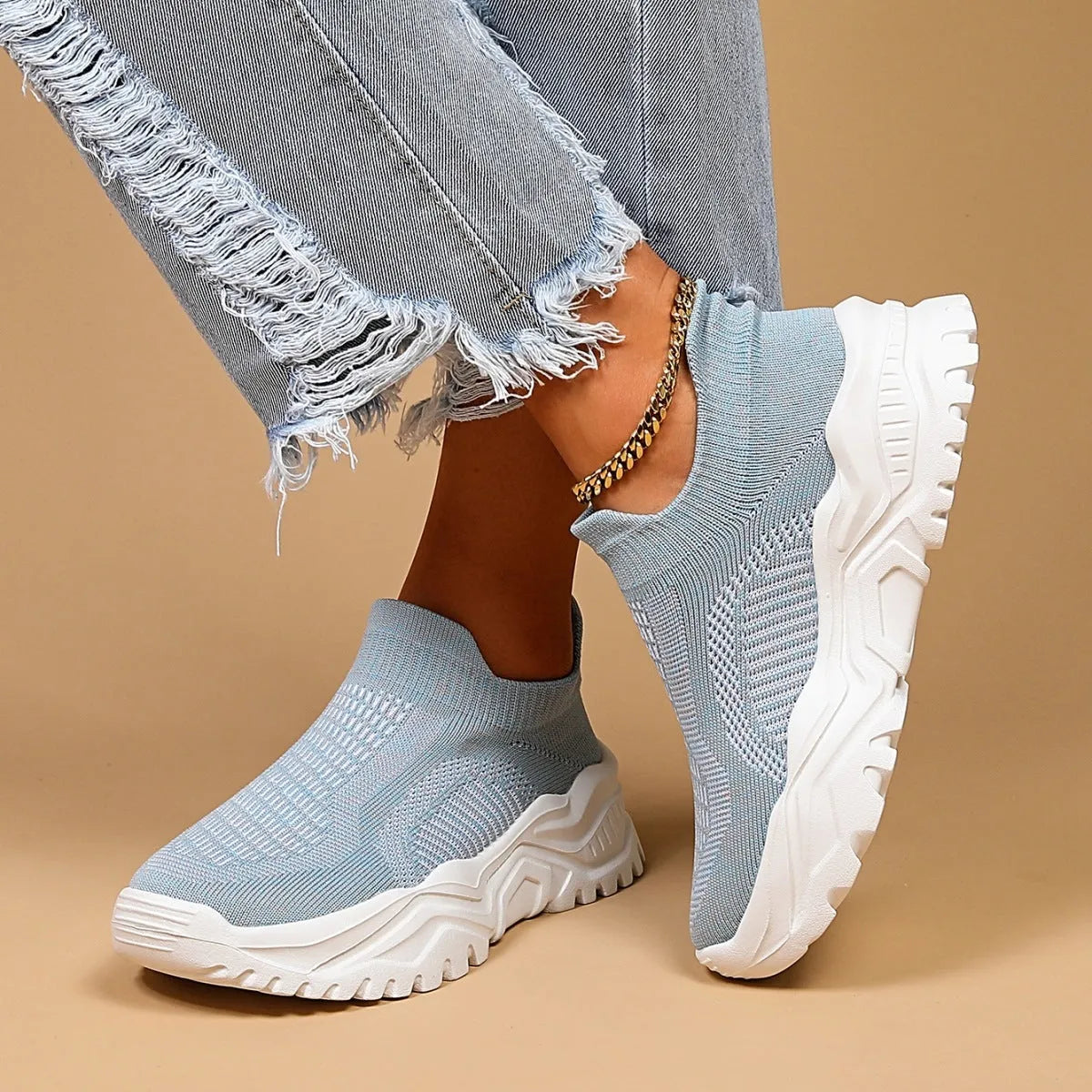 Light blue women's mesh slip-on casual shoes with rounded toe and mid heel