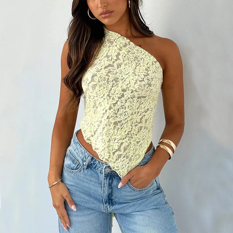 Women's backless lace sleeveless top with asymmetrical neckline in solid colour streetwear style