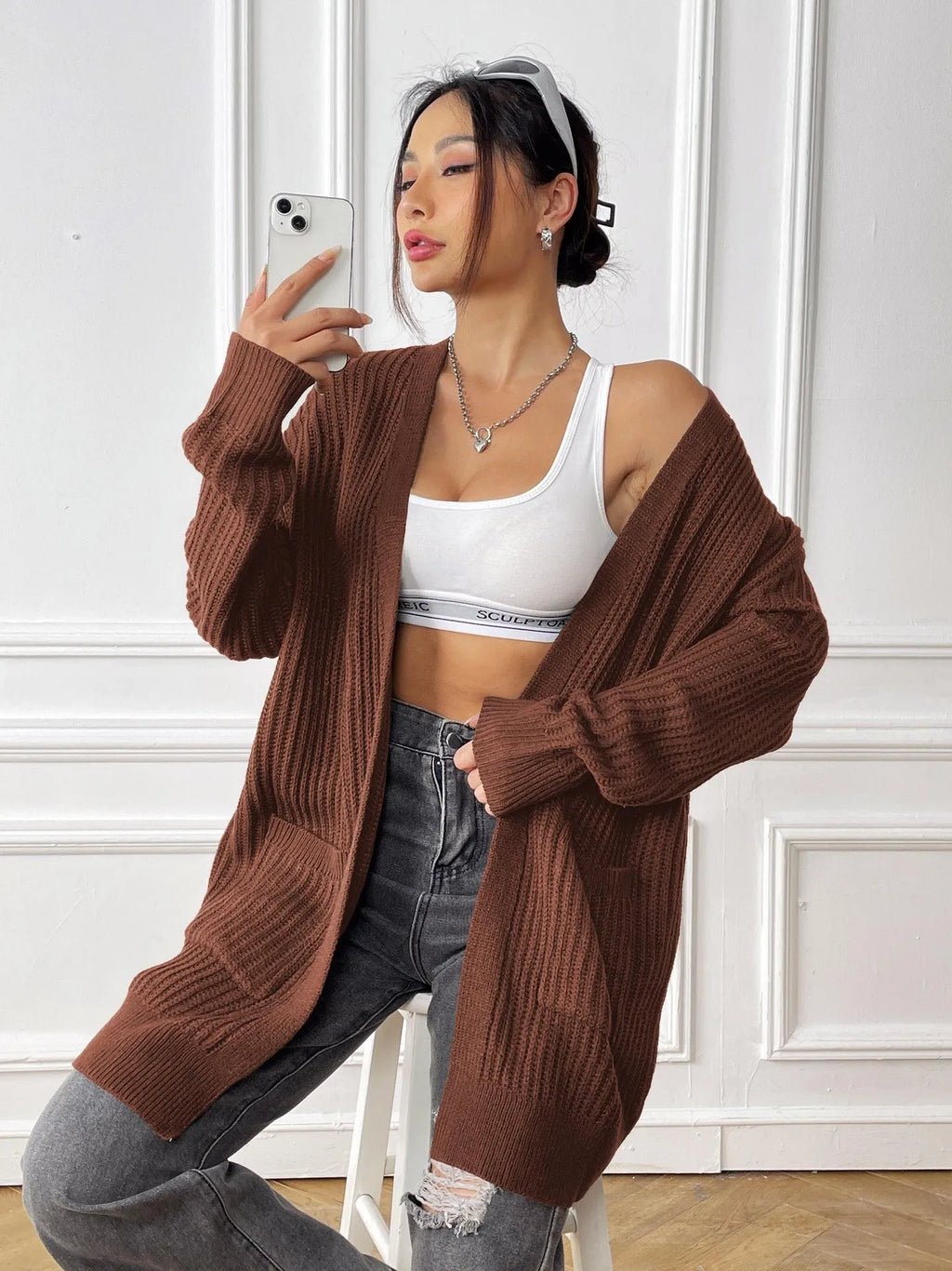 Women's acrylic sweater cardigan in loose street style with 65cm length