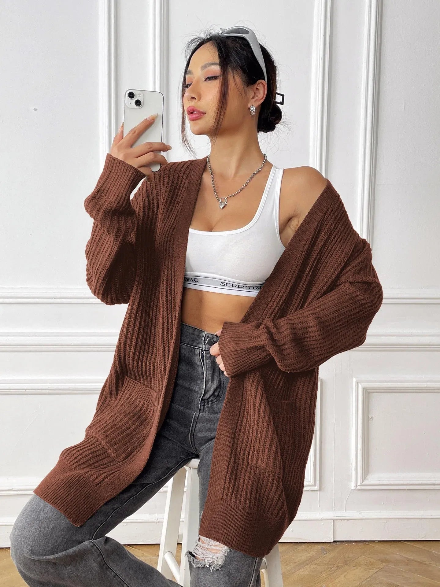 Women's acrylic sweater cardigan in loose street style with 65cm length