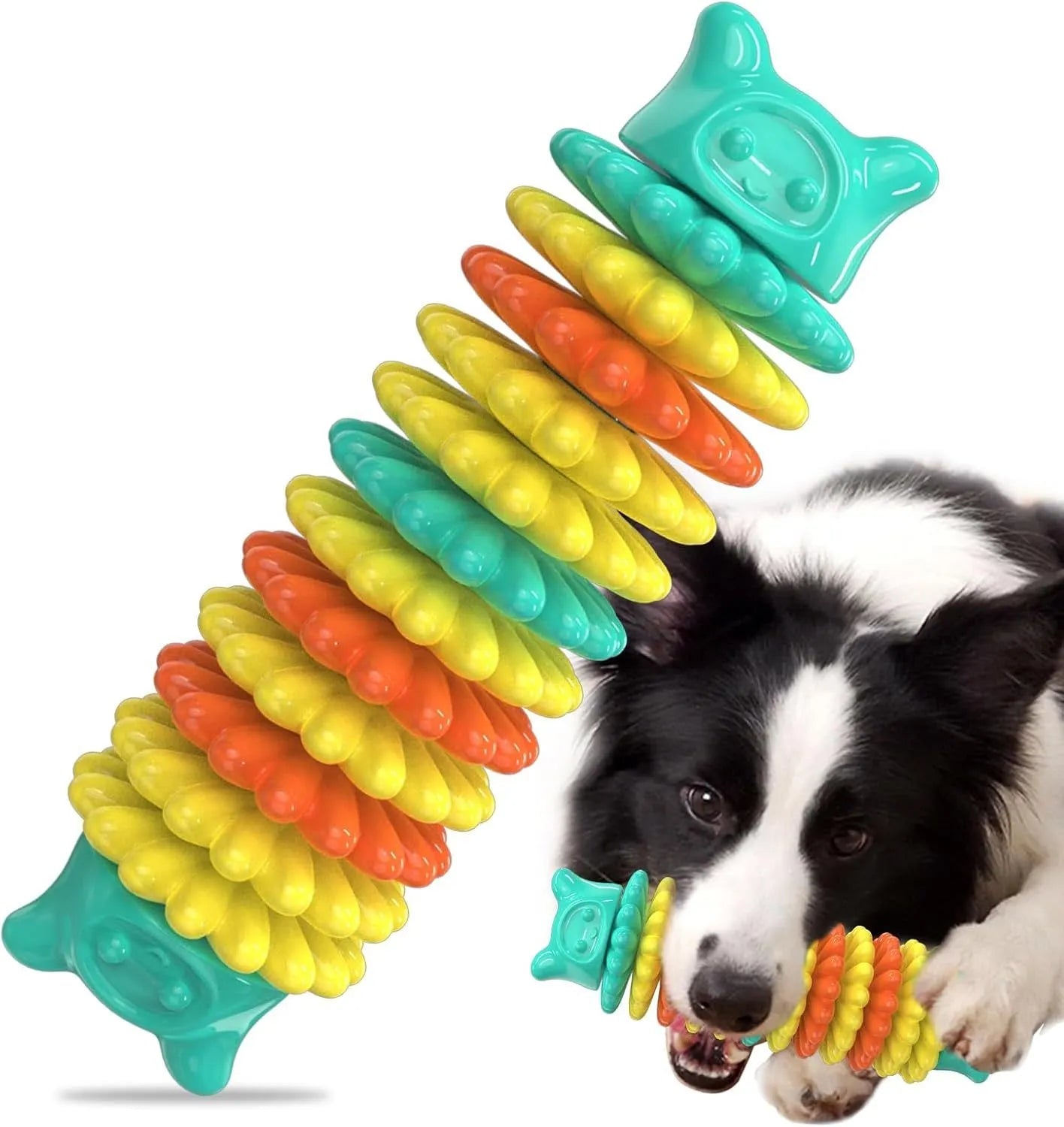 Blue caterpillar-shaped rubber dog chew toy for aggressive chewers