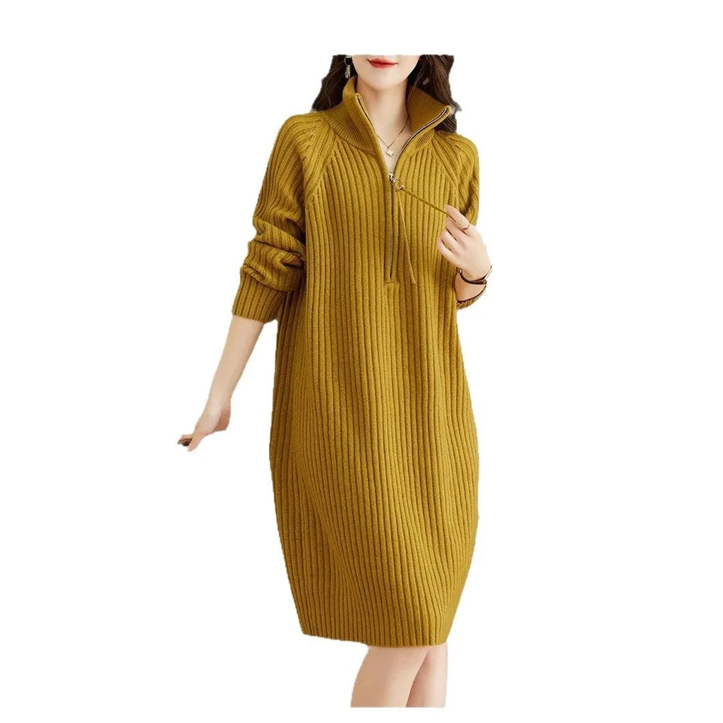 Beige half zip woolen skirt with stand collar and long sleeves