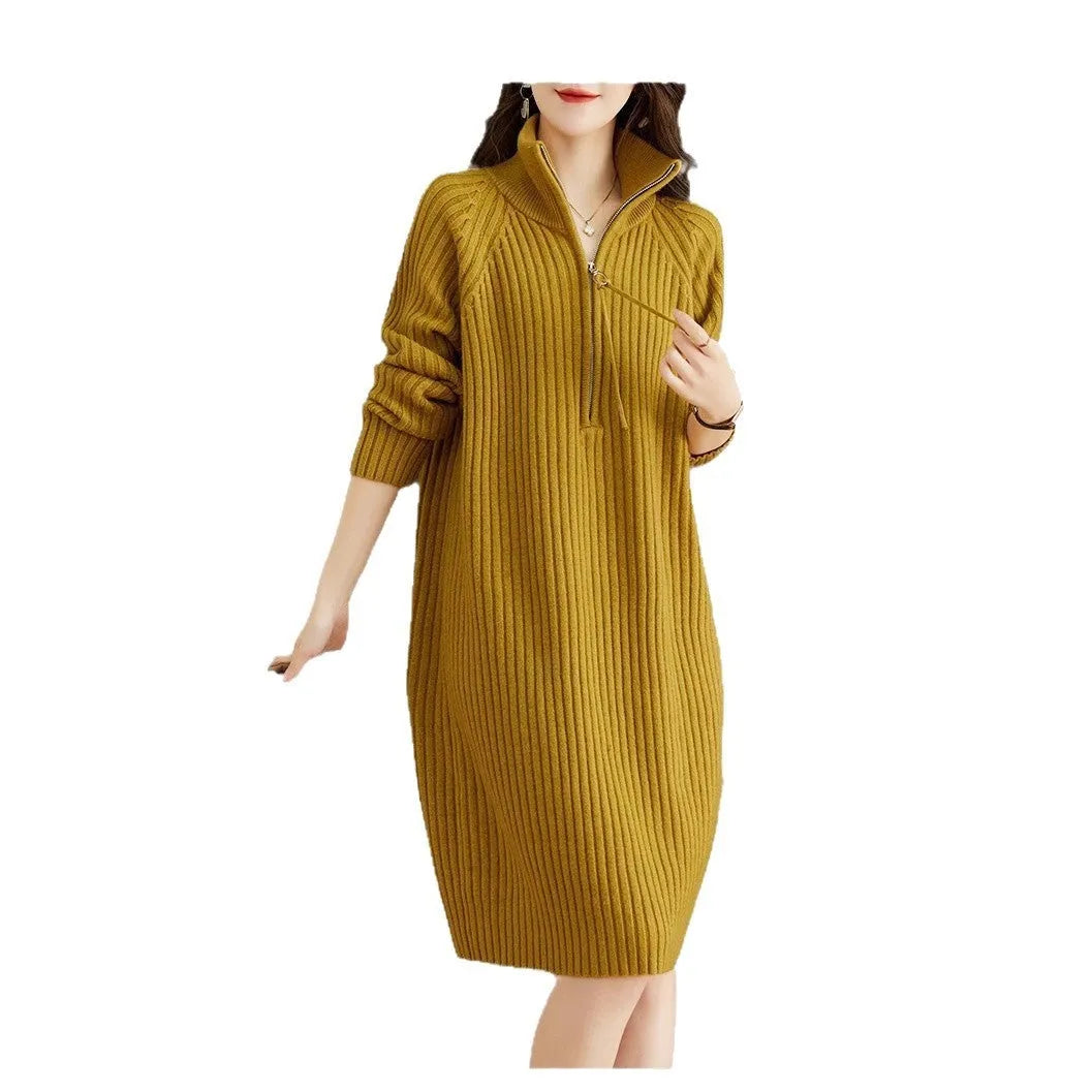 Beige half zip woolen skirt with stand collar and long sleeves