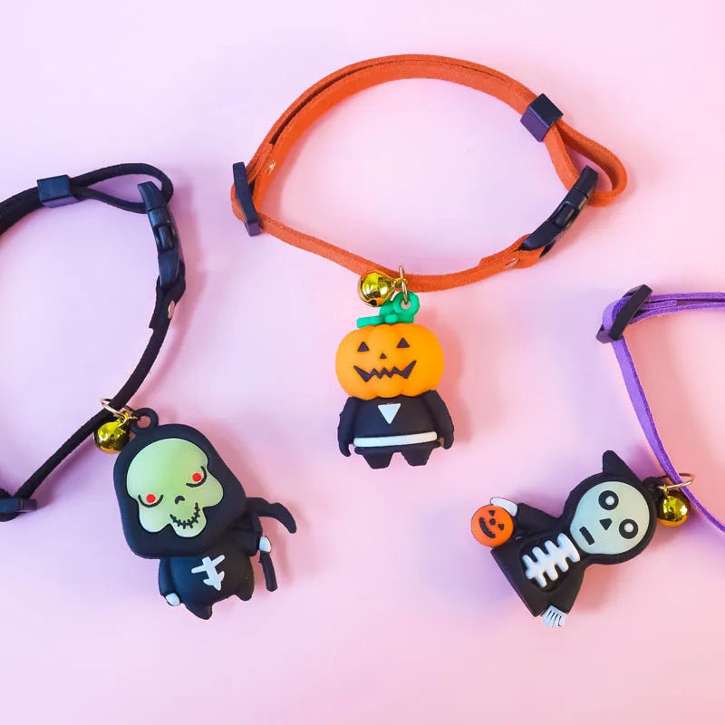 Halloween pet collar with glow-in-the-dark pumpkin man design adjustable for dogs and cats