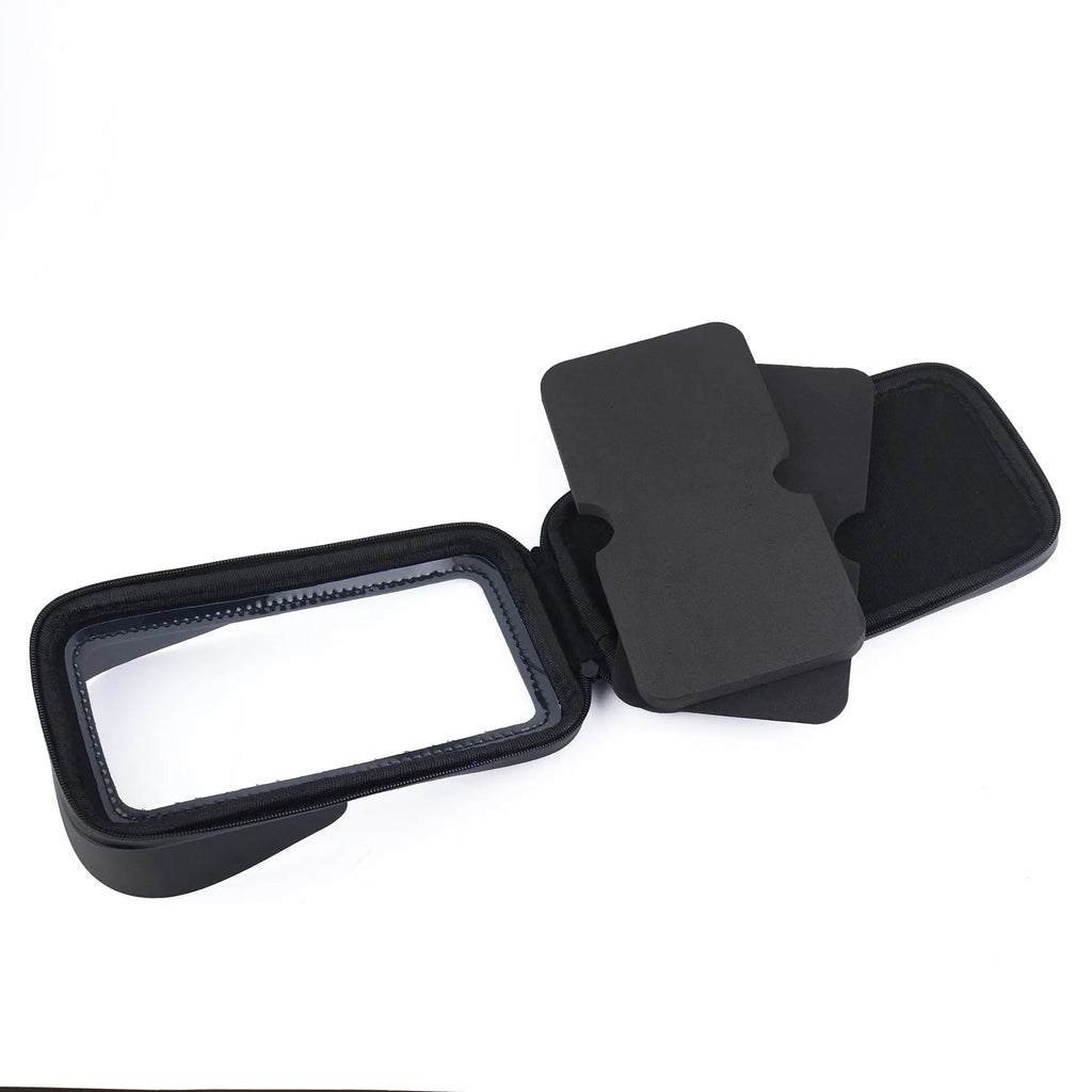 XL black bicycle waterproof phone mount bag made of PU leather, shown on handlebars with sun visor attached.