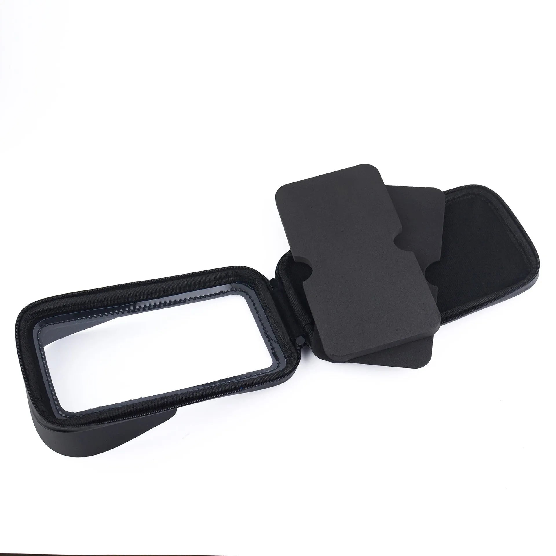 XL black bicycle waterproof phone mount bag made of PU leather, shown on handlebars with sun visor attached.