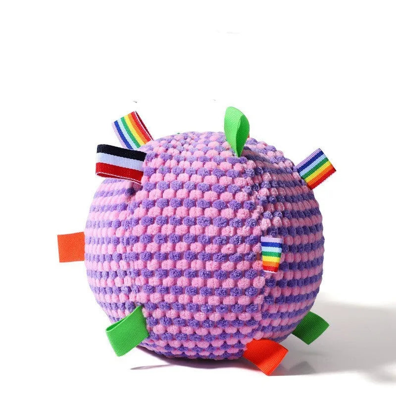 Blue and yellow textured pineapple lattice dog ball with vent holes, 17cm in diameter.