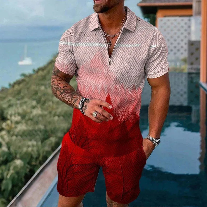 Men's summer mesh tracksuit set with short sleeve zip-up jacket and matching shorts in multiple colours