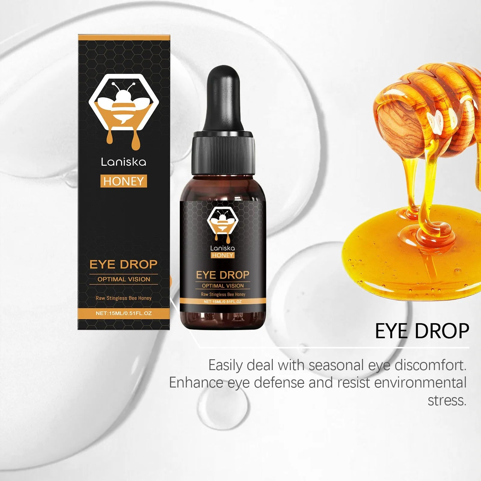15ml bottle of honey eye drops for relief of eye fatigue and dryness