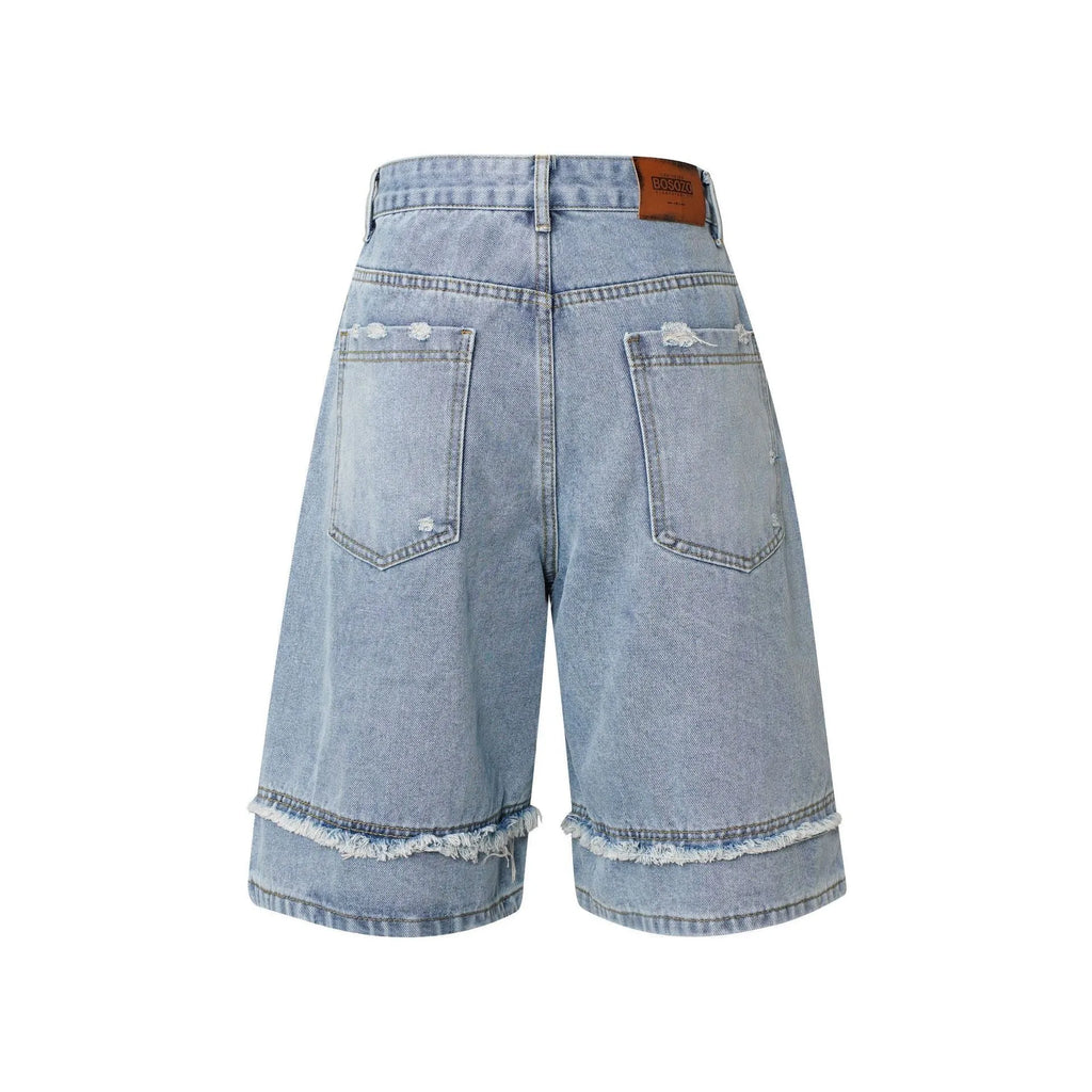 American Pu Shuai men's distressed raw edge denim shorts in straight-leg cropped cut.