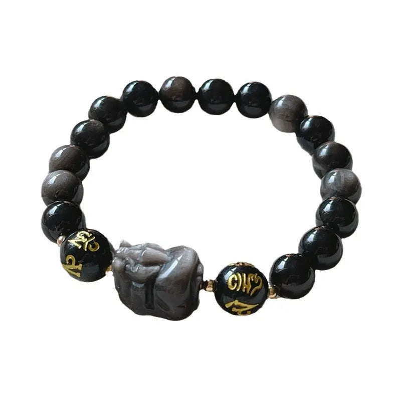 Men's Natural Silver Stone bracelet with zodiac charm and proverb beads in Chinese style.