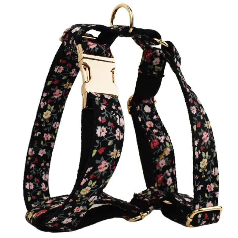 Cloth dog collar set with removable bow, printed lettering, matching leash, and vest in assorted colours