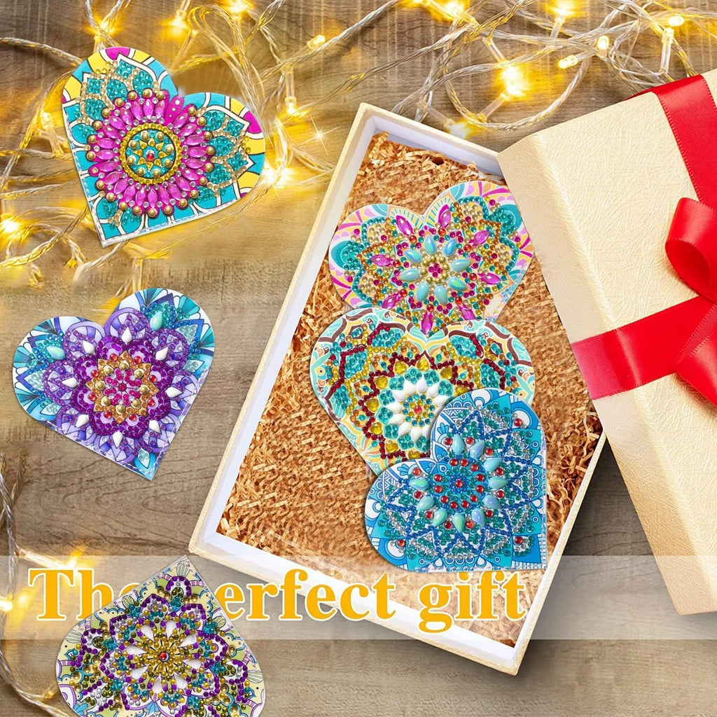 Set of six handmade PU leather bookmarks with crystal decorations and modern floral design.
