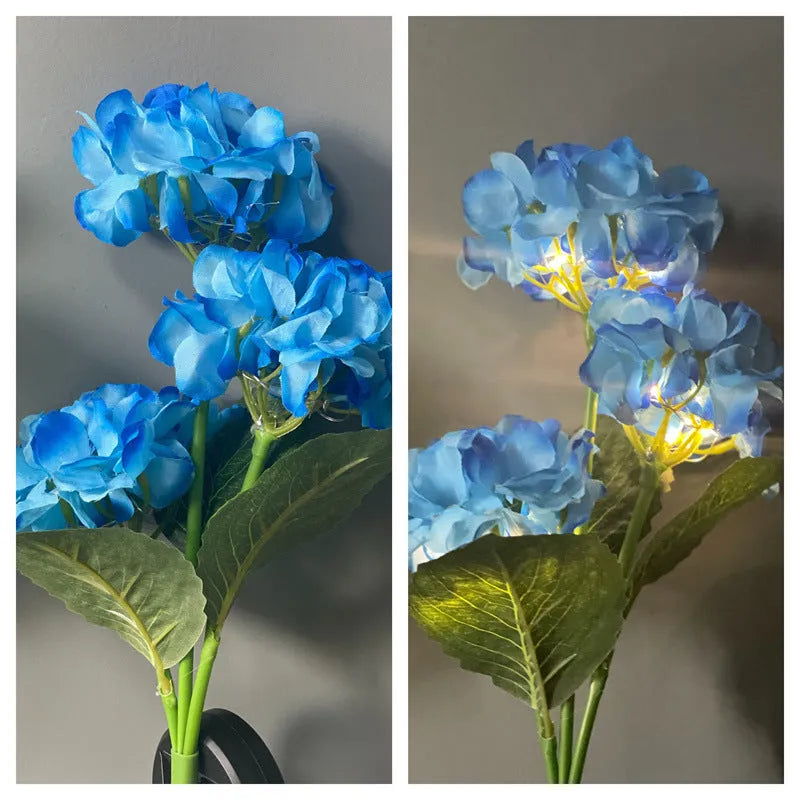 Solar hydrangea garden lights with plant modelling in outdoor setting showing colour variations