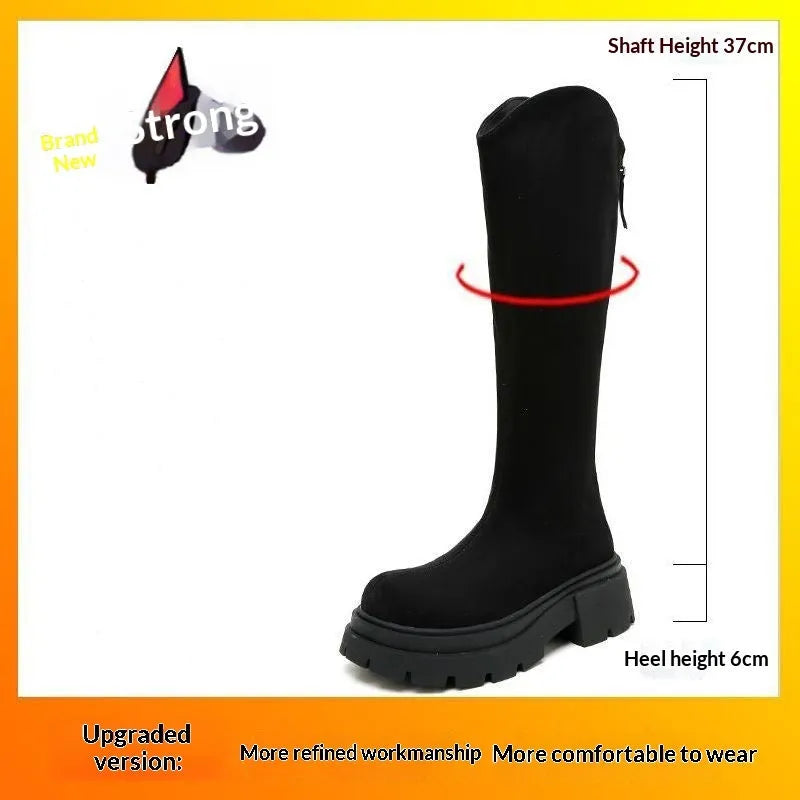Women's solid colour wide-leg high-elasticity boots with mid heel and waterproof platform, available in black and brown