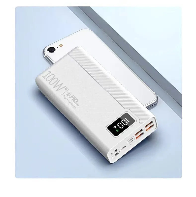 Large capacity power bank in black or white colour with plastic shell, showing front view with dimensions