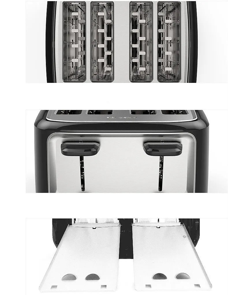 Black home automatic four slot toaster with 1500W power and adjustable baking colour gear knob on a countertop