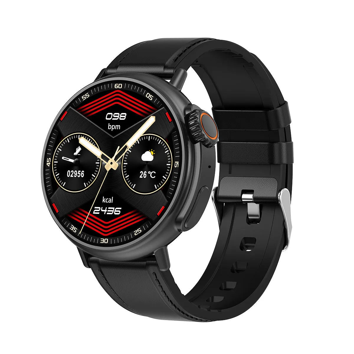 Smart watch with 1.6 inch AMOLED screen, titanium alloy case, silicone strap, round dial, Bluetooth calling