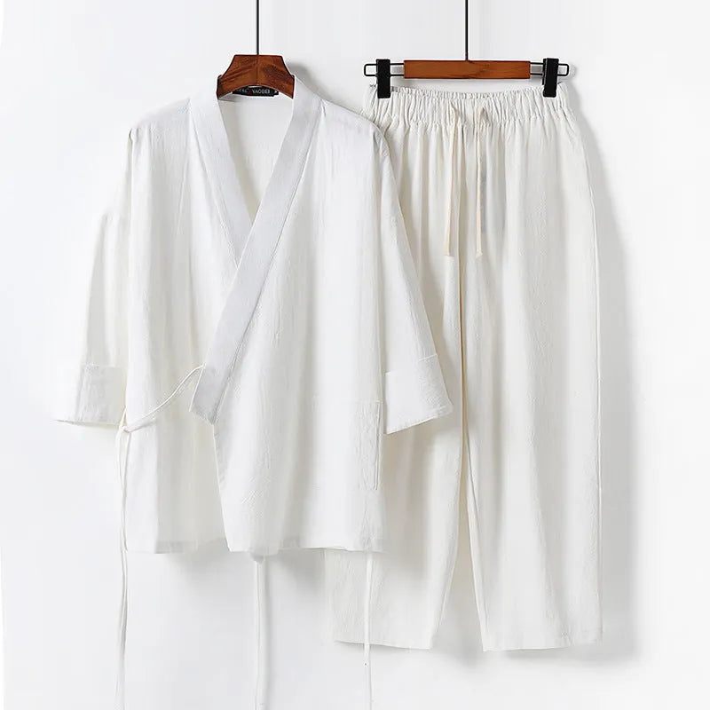 Cardigan style Hanfu two-piece suit in cotton fabric showing traditional Chinese design with loose-fitting top and trousers