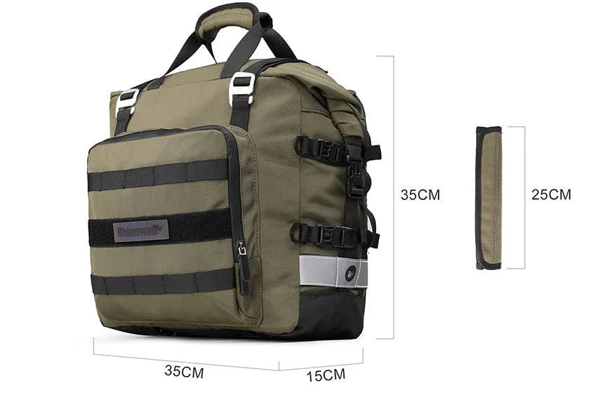 Black 20L quick release motorcycle side bag mounted on a bike.