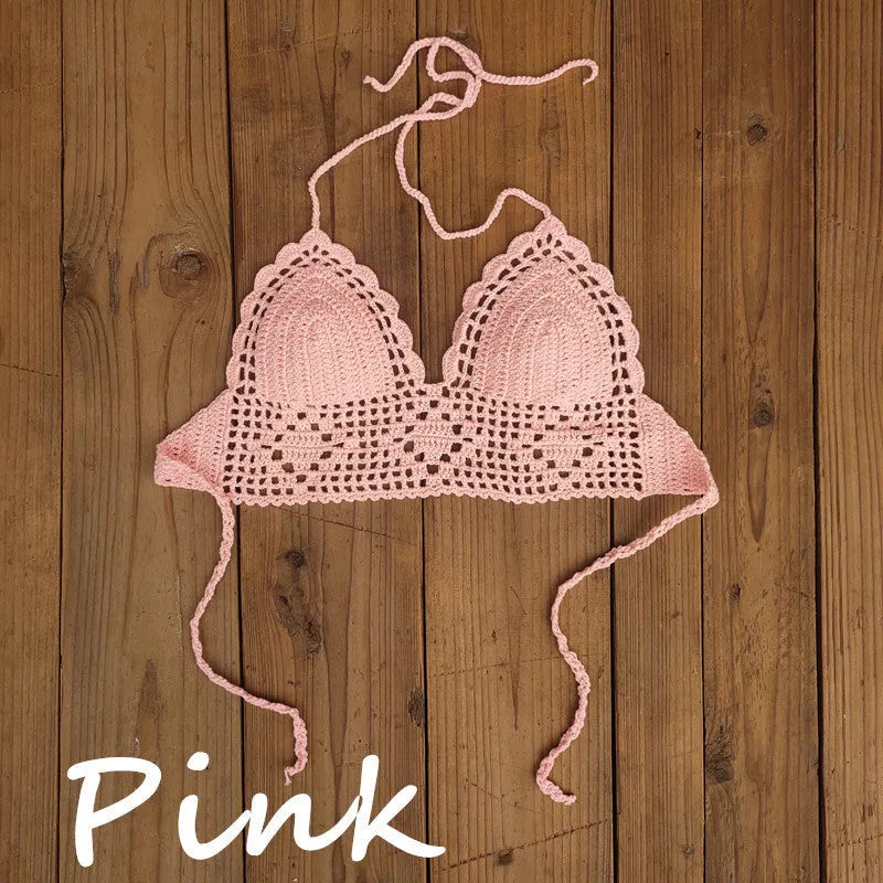 Women's backless acrylic swimsuit top in various colours on a size chart
