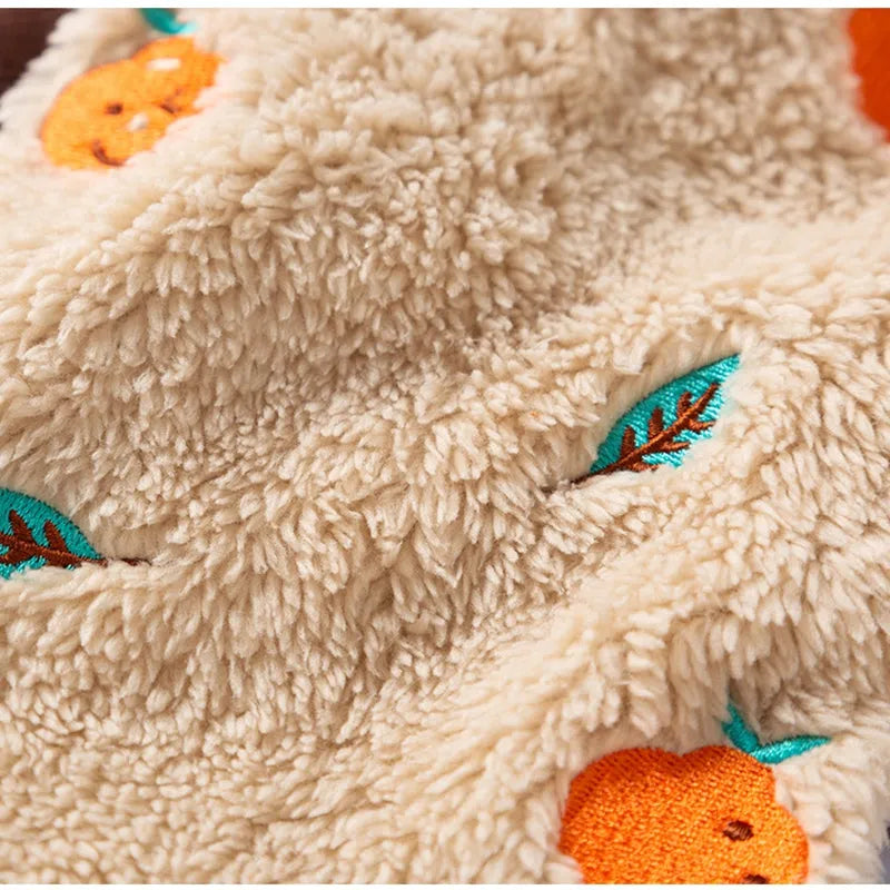Fleece four-legged pet onesie with fruit embroidery for small medium dogs cats, brown with orange design