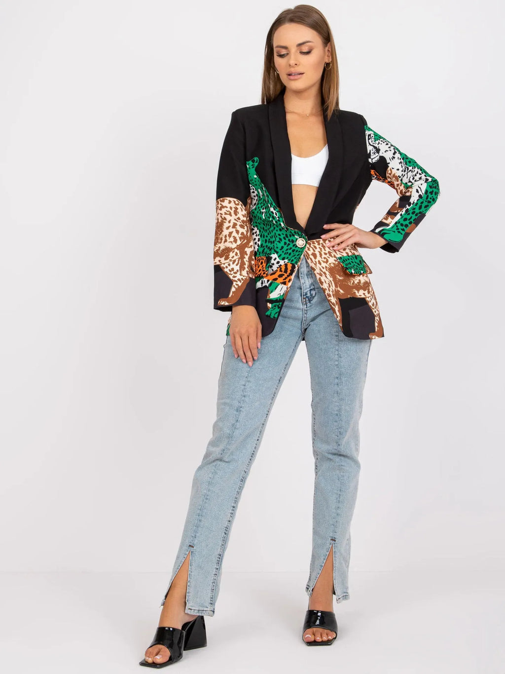 Leopard print slim fit long jacket for women with contrast colour and side pockets
