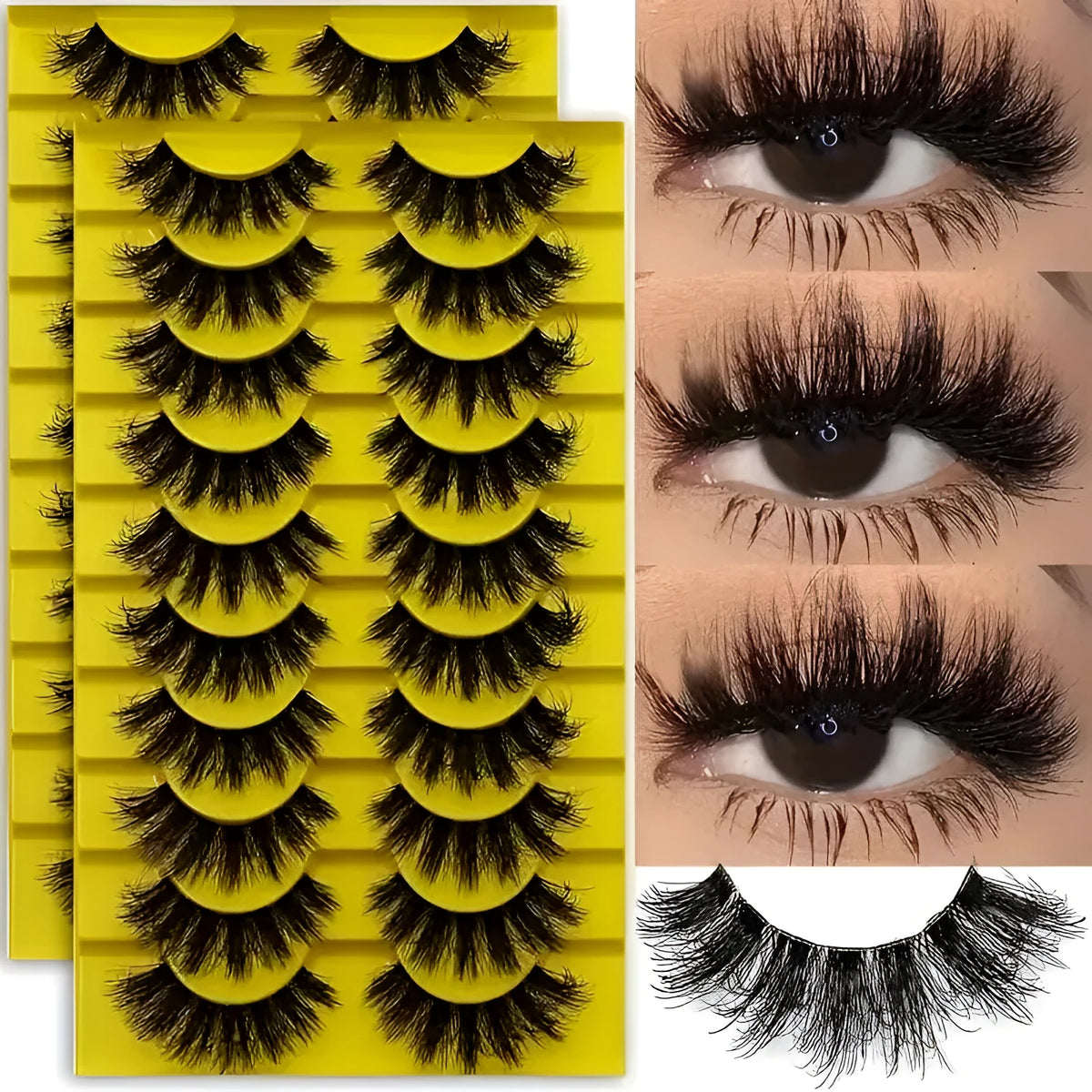 3D multi-layer false eyelashes in black and transparent stem styles on a white background