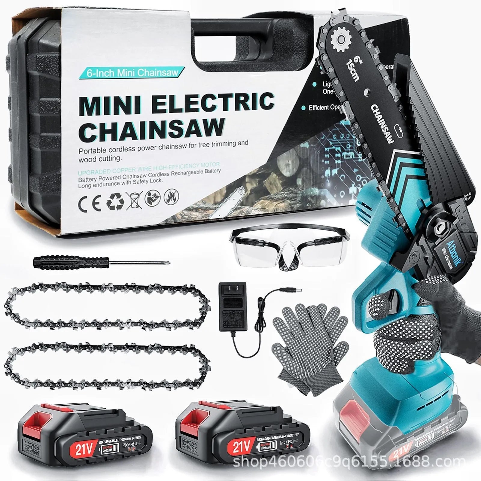 Handheld cordless electric chainsaw with 6-inch chain, two batteries, and safety accessories