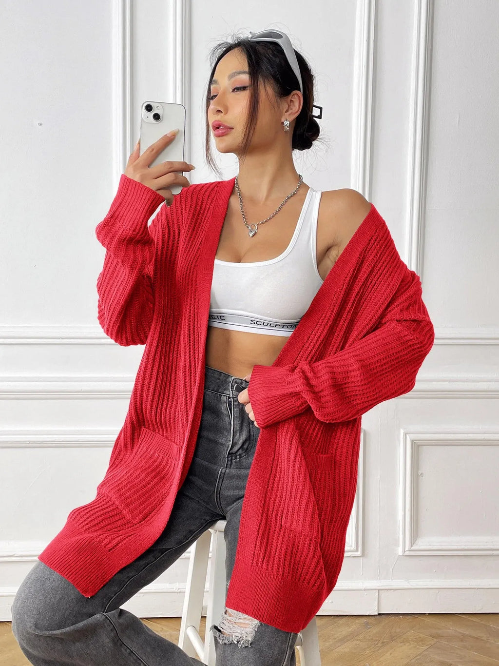 Women's solid colour acrylic cardigan sweater in loose fit, long sleeves, mid-length 65 cm, free size, street hipster style