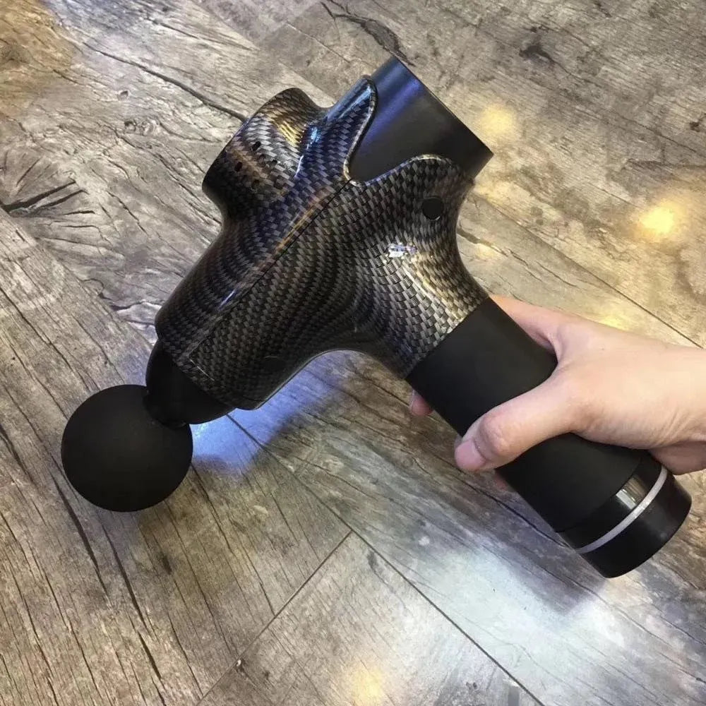 EM03 digital massage gun with LCD screen, six massage heads, and 20 speed levels in black finish