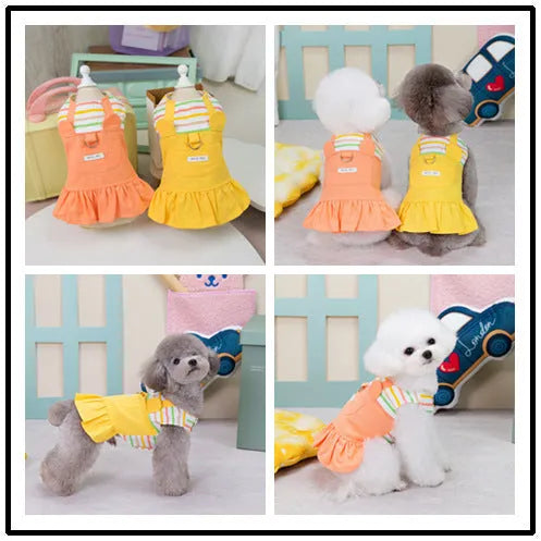 Striped patchwork cotton skirt for dogs in orange and yellow colours