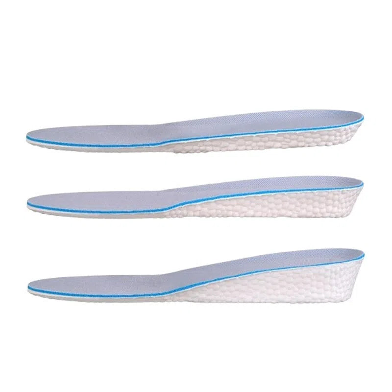 Pair of men's EVA height increasing insoles with full cushion surface and hard base in multiple lift heights