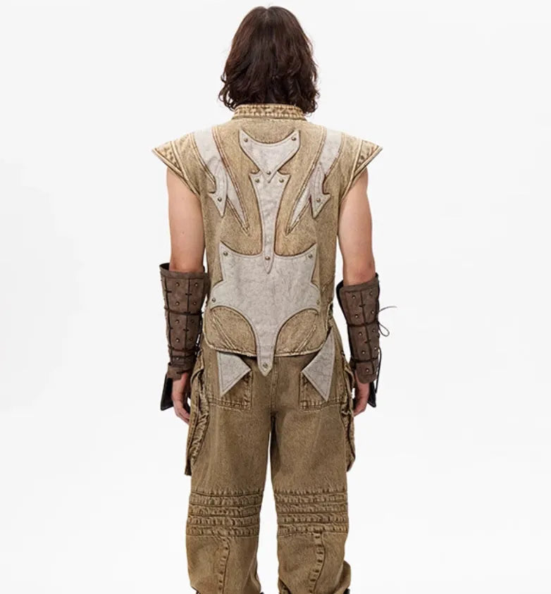 Dark wash cotton pleated vest for men in Korean style with size tags