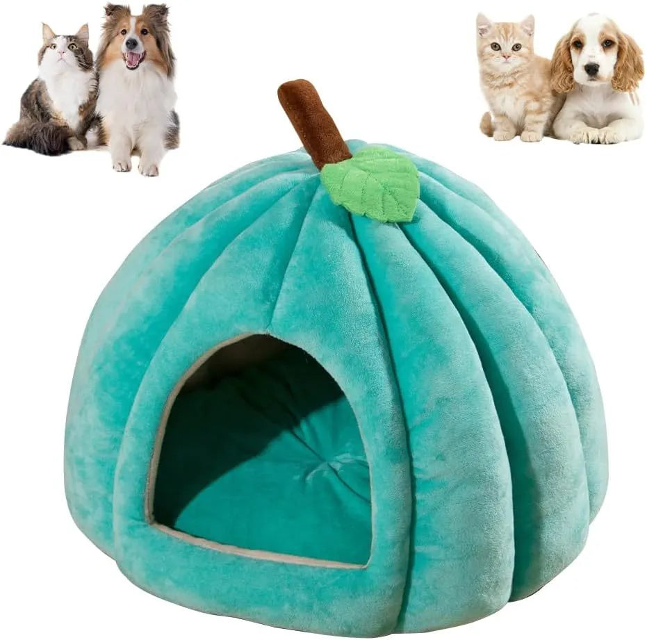 Pumpkin-shaped semi-enclosed cat bed in blue, grey, or yellow with a removable interior mat.