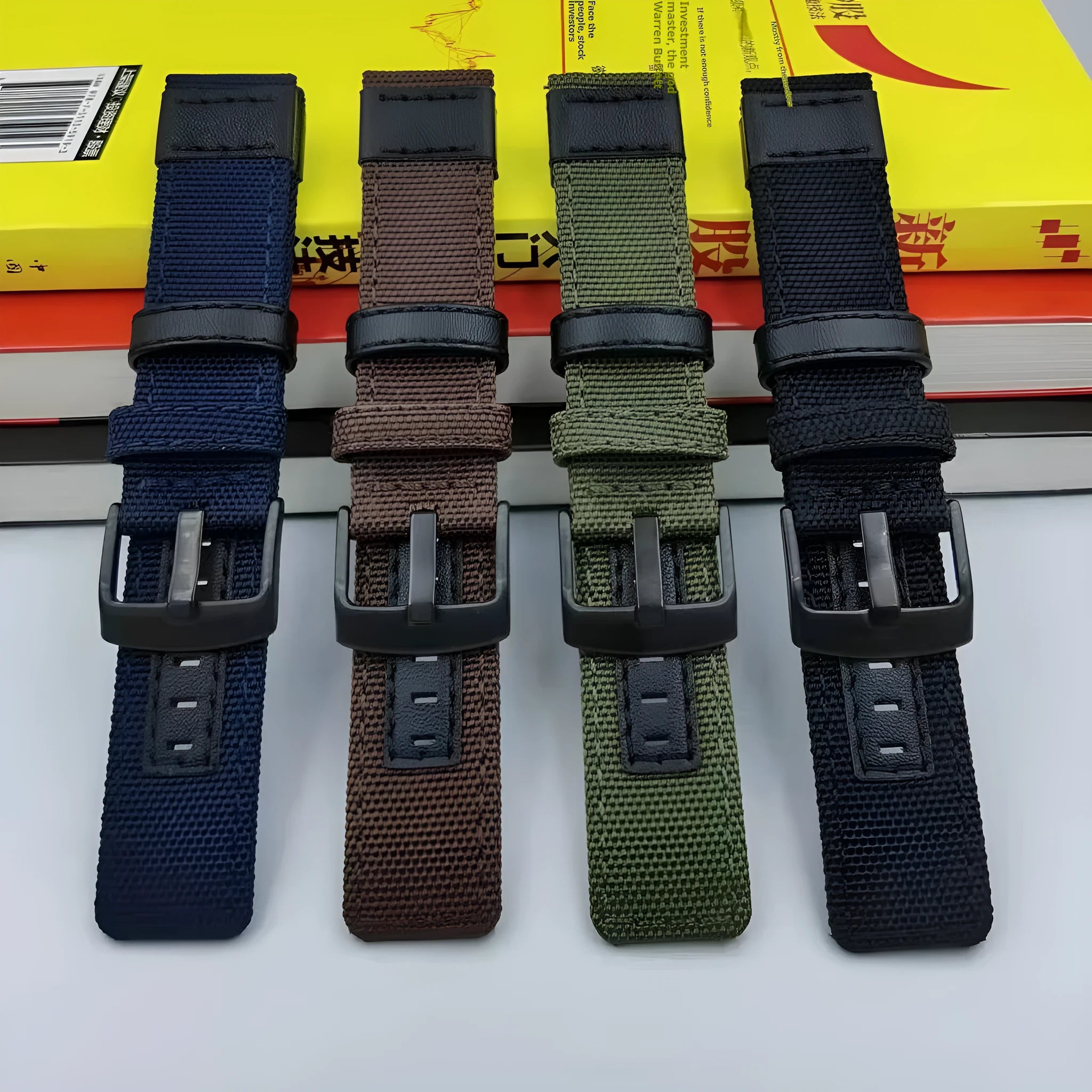 Oxford cloth canvas watch strap shown in multiple colours including army green and black, with size options displayed.