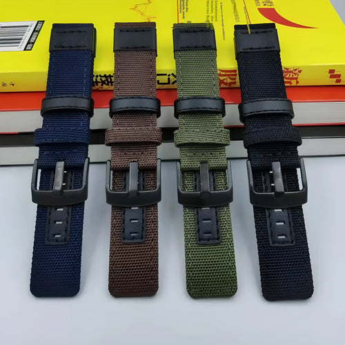 Oxford cloth canvas watch strap shown in multiple colours including army green and black, with size options displayed.