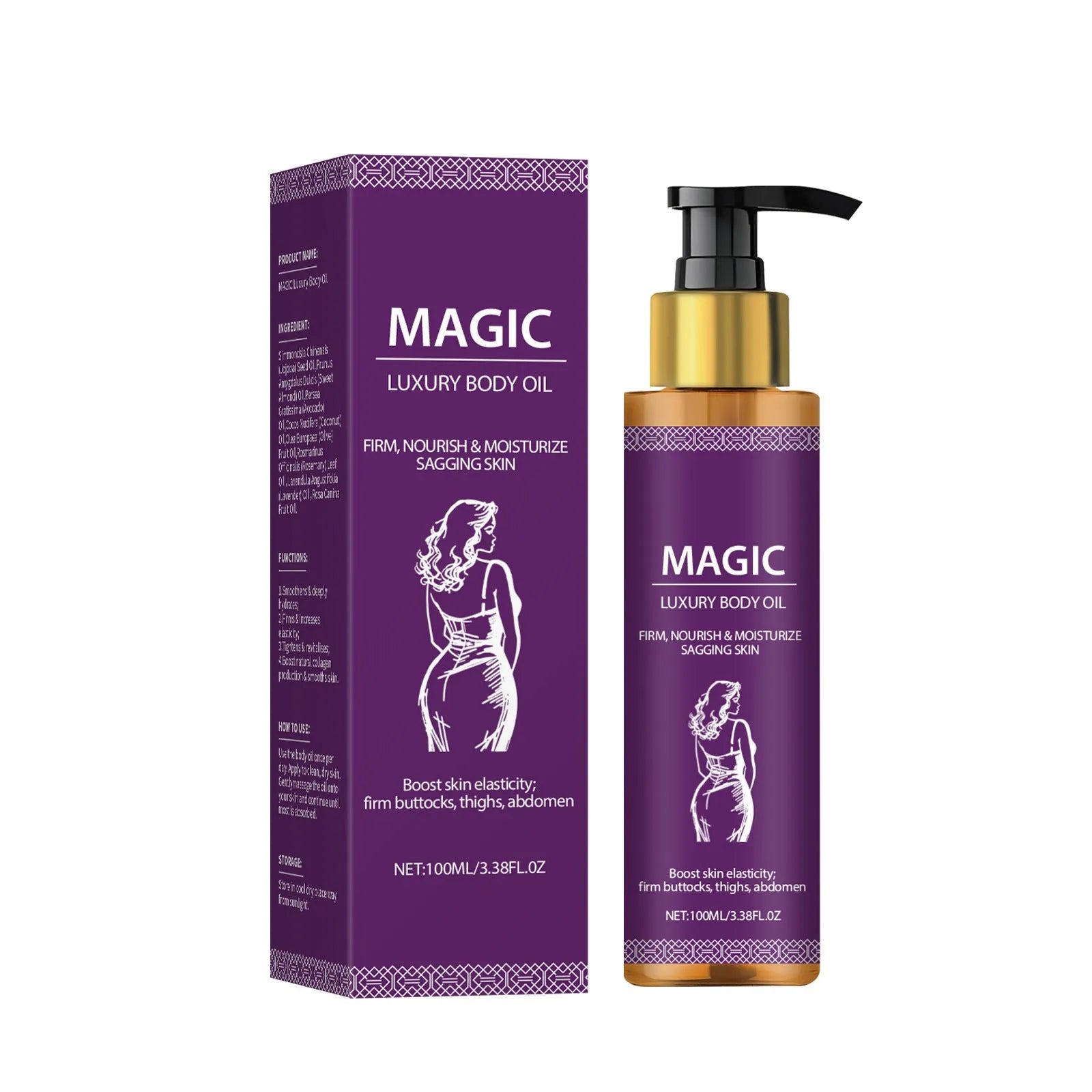 100ml bottle of body treatment oil containing jojoba, camellia and sweet almond oils.