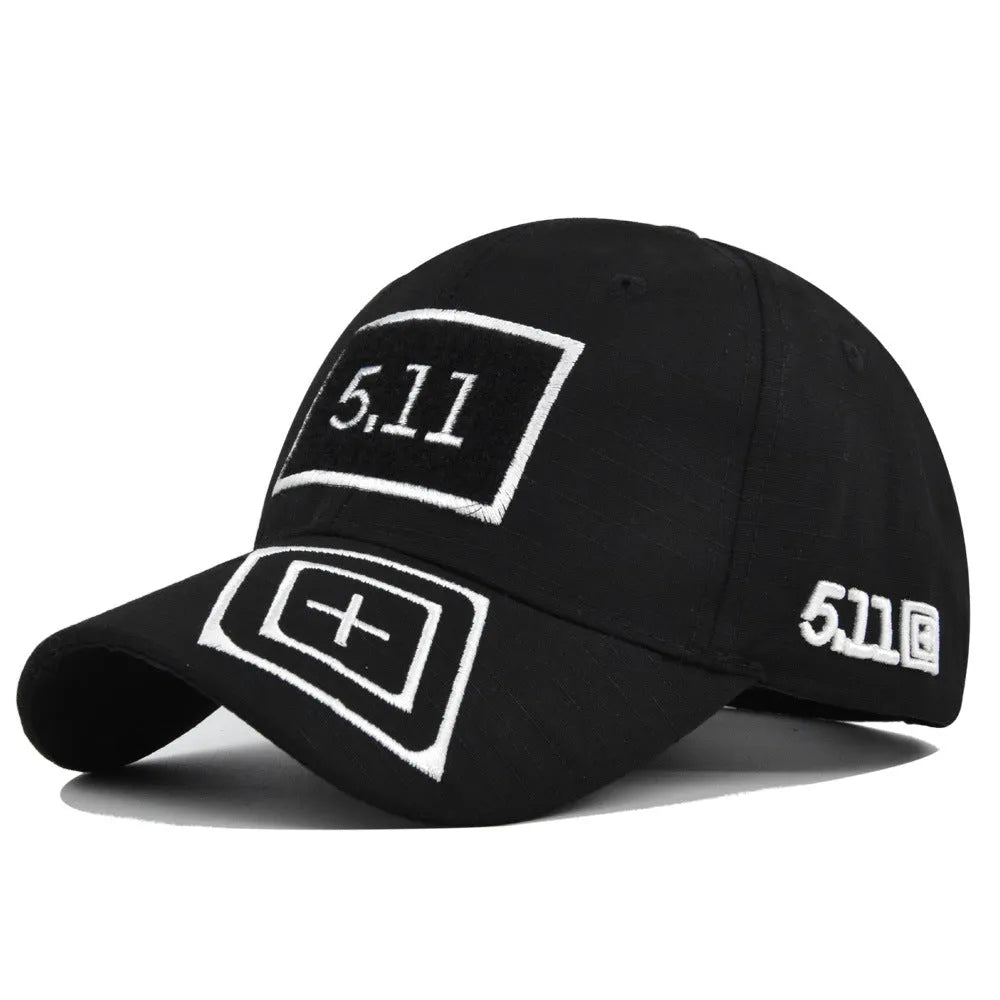 Cotton baseball cap with wide brim and adjustable back, displayed on a neutral background