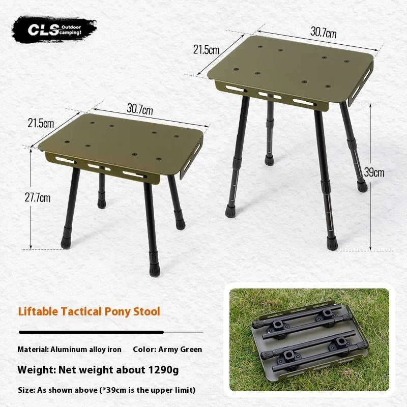 CLS aluminium folding camping stool shown in army green, converts into a small table with storage bag